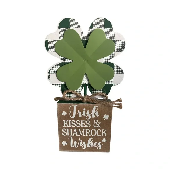 St Patrick’s Day Green White Wood Plaid/Dotted Shamrock Decor Mantel Table Set - Picture 3 of 13